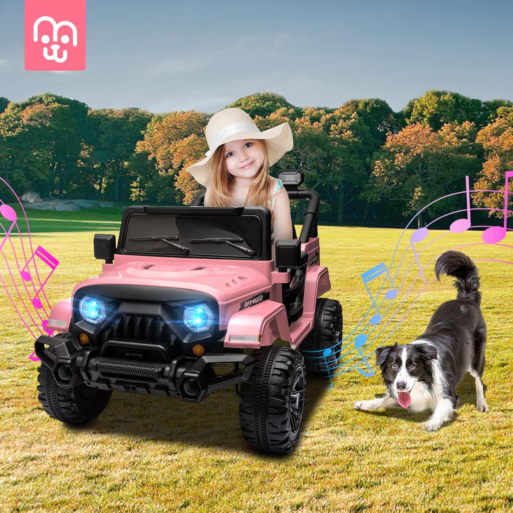 12V Kids Electric Ride on Truck Car Remote Control, Twin 35W Motors 3.5MPH Max Speed, Bluetooth USB Music Player, 4 Wheels Suspension LED Lights Safety Belt, Gift for Boy & Girl-Rosy