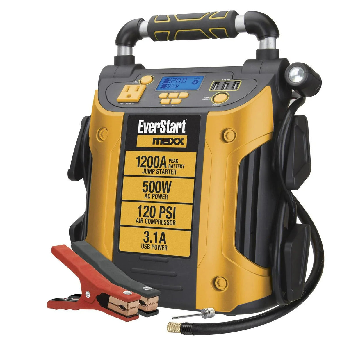 J5CPDE Jump Starter, Power Station, 1200 Peak Battery Amps with 500W Inverter and 120 PSI Compressor