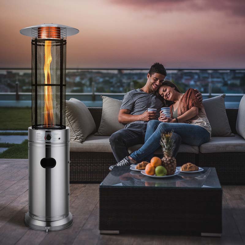 41000 BTU Standing Propane Patio Heater with Wheels, Stainless Steel Round Glass Tube Gas Outdoor Heater