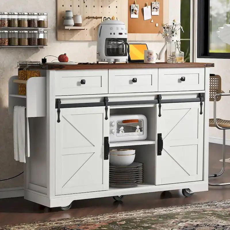 53.7-Inch Farmhouse Kitchen Island with Power Outlet, Featuring 2 Sliding Barn Doors and Drop Leaf Design