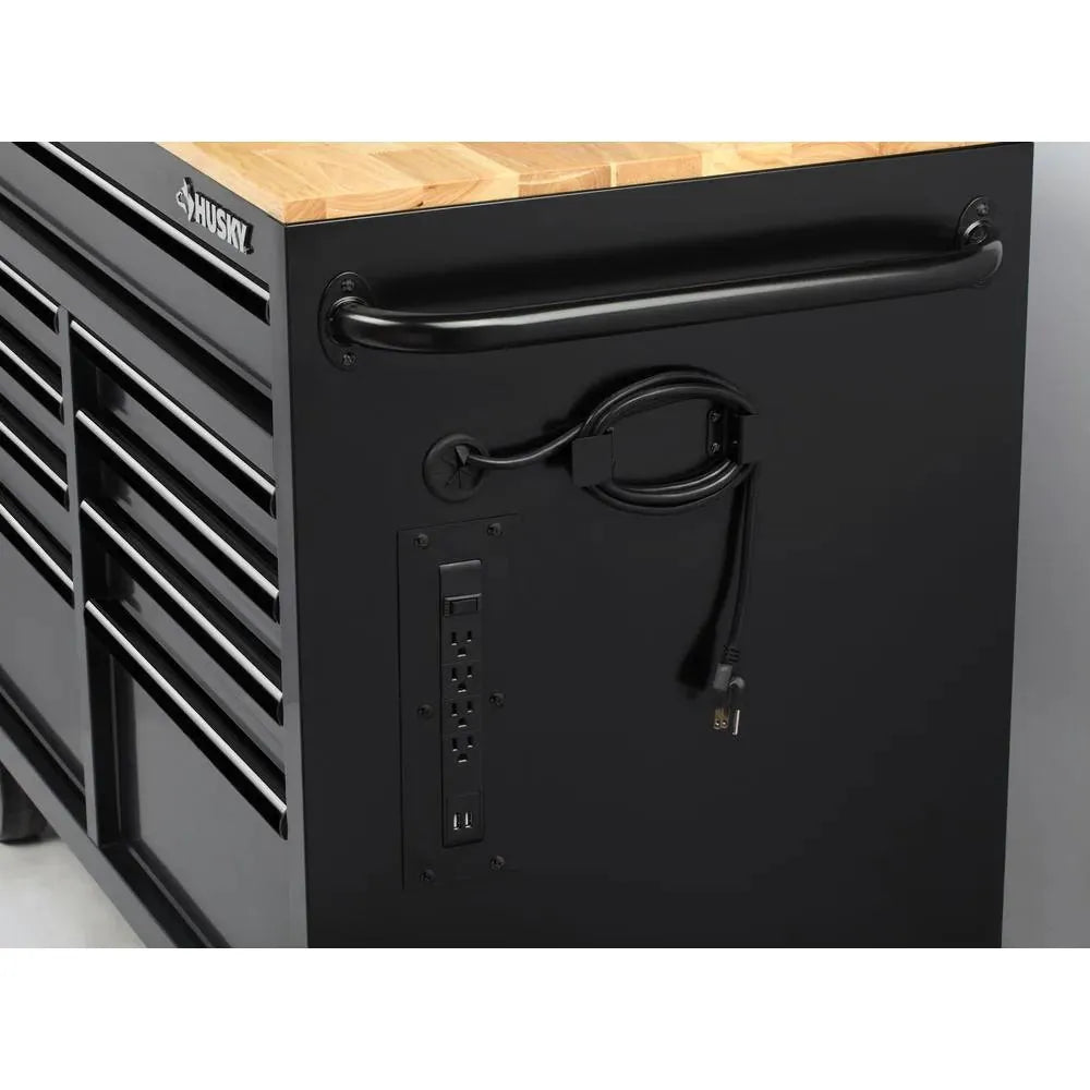 46-in W x 24.5-in D 9-Drawer Mobile Workbench with Hardwood Top and Power Station – Gloss Black