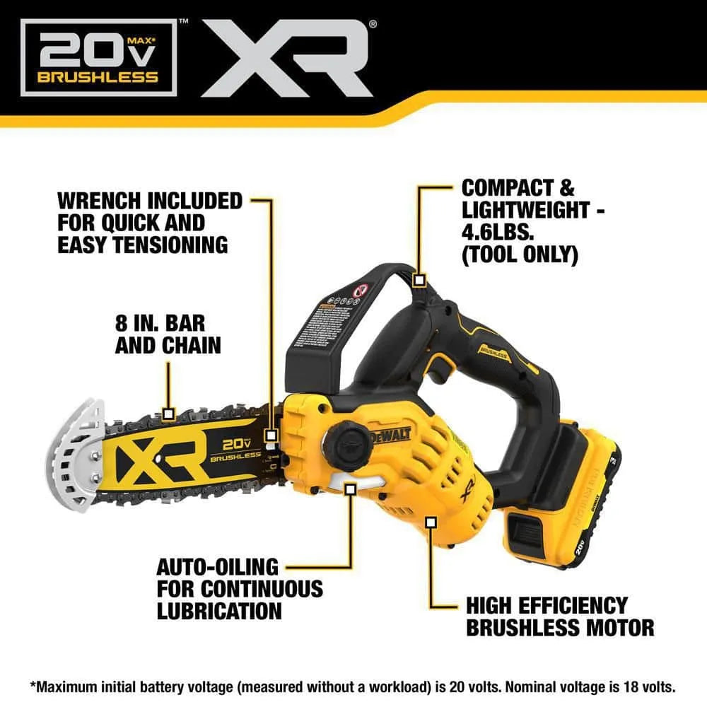 8-Inch 20V Cordless Pruning Chainsaw Kit with 3Ah Battery and Charger - DCCS623L1