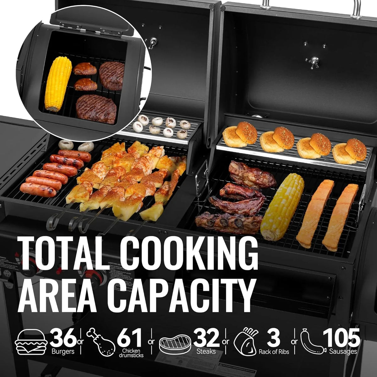 2-Burner Gas & Charcoal Combo Grill with Smoker & Side Burner, 34,000 BTU, 1020 Sq In, Black