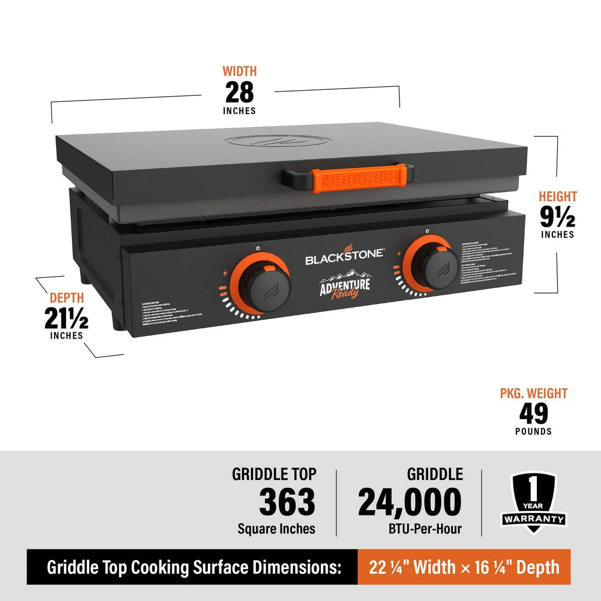 22 Propane Griddle Bundle, Black Includes Griddle, Hardcover, Carry Bag, 24,000 BTU Burners, Rear Grease System