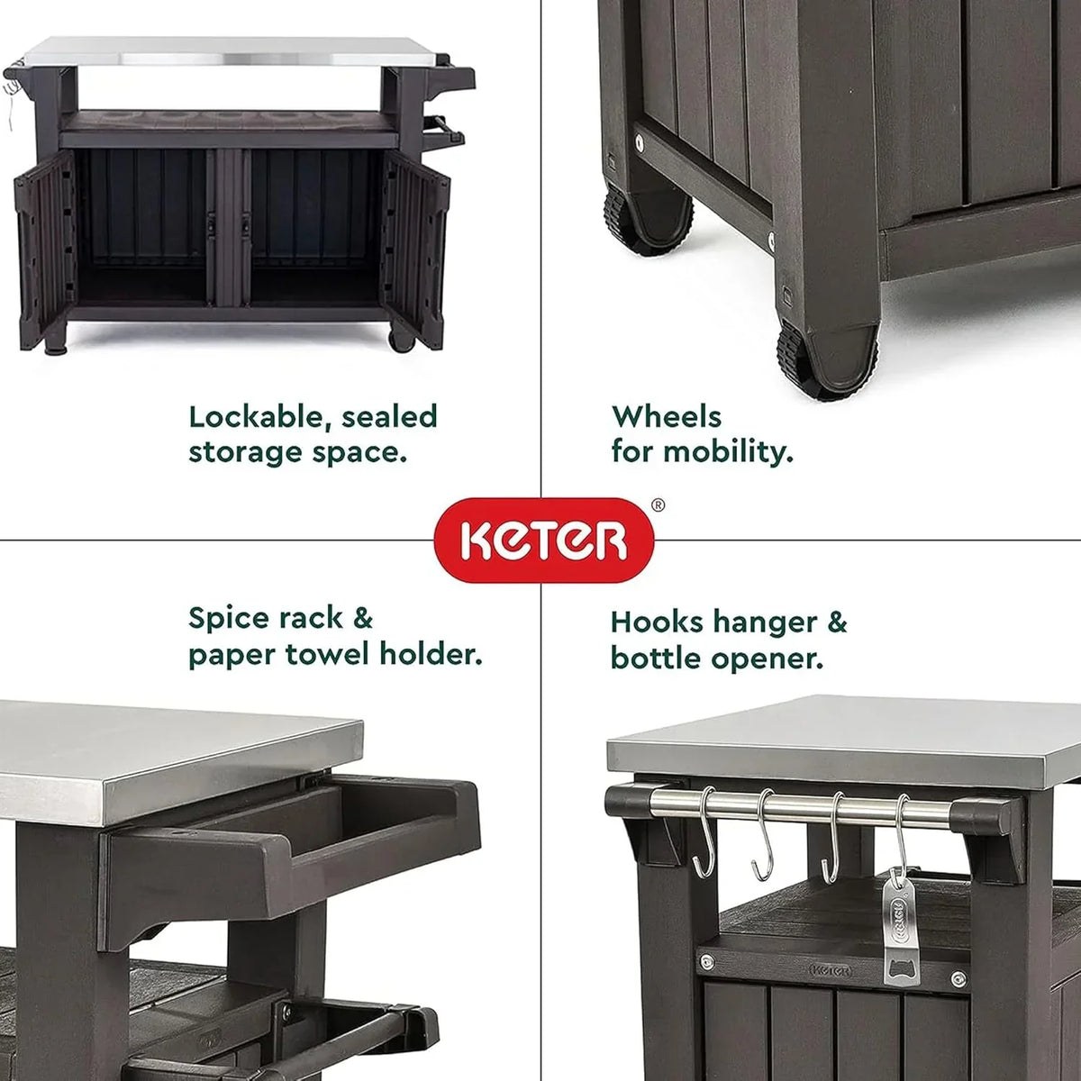 Keter Outdoor Rolling Table Cart for Food Prep, Storage, Bar & Grill, Dark Brown