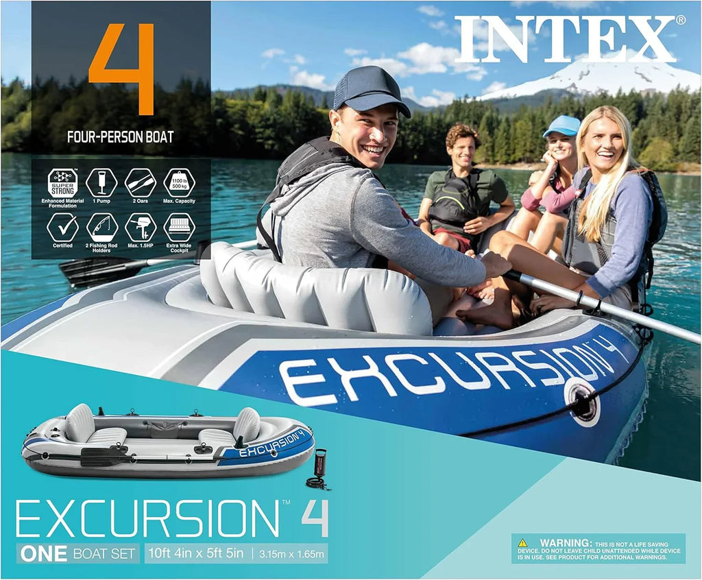 Excursion Inflatable Boat Series: Includes Deluxe 54in Boat Oars and High-Output Pump – SuperTough PVC – Adjustable Seats with Backrest – Fishing Rod Holders – Welded Oar Locks