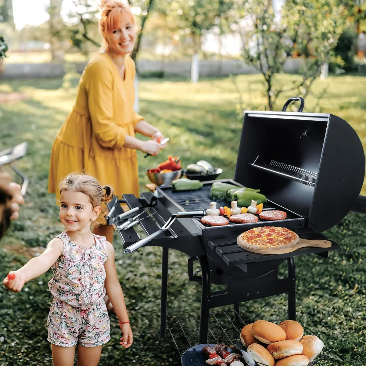 Devoko Charcoal Grill, Outdoor BBQ Grill with Offset Smoker and Side Table for Garden and Parties