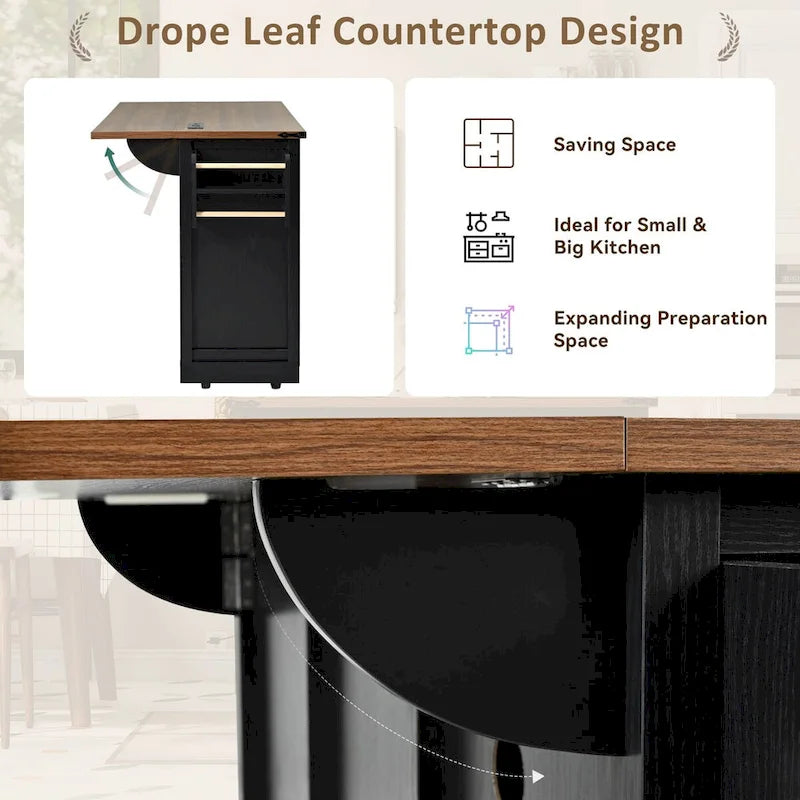 53.7-Inch Farmhouse Kitchen Island with Power Outlet, Featuring 2 Sliding Barn Doors and Drop Leaf Design