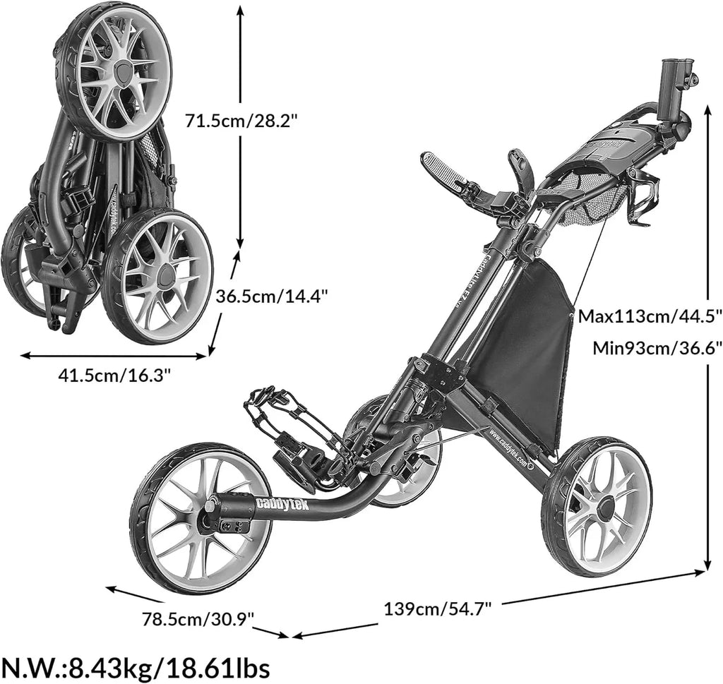 3Wheel Golf Push Cart - Golf Trolley Foldable Collapsible Lightweight Pushcart with Foot Brake - Easy to Open & Close
