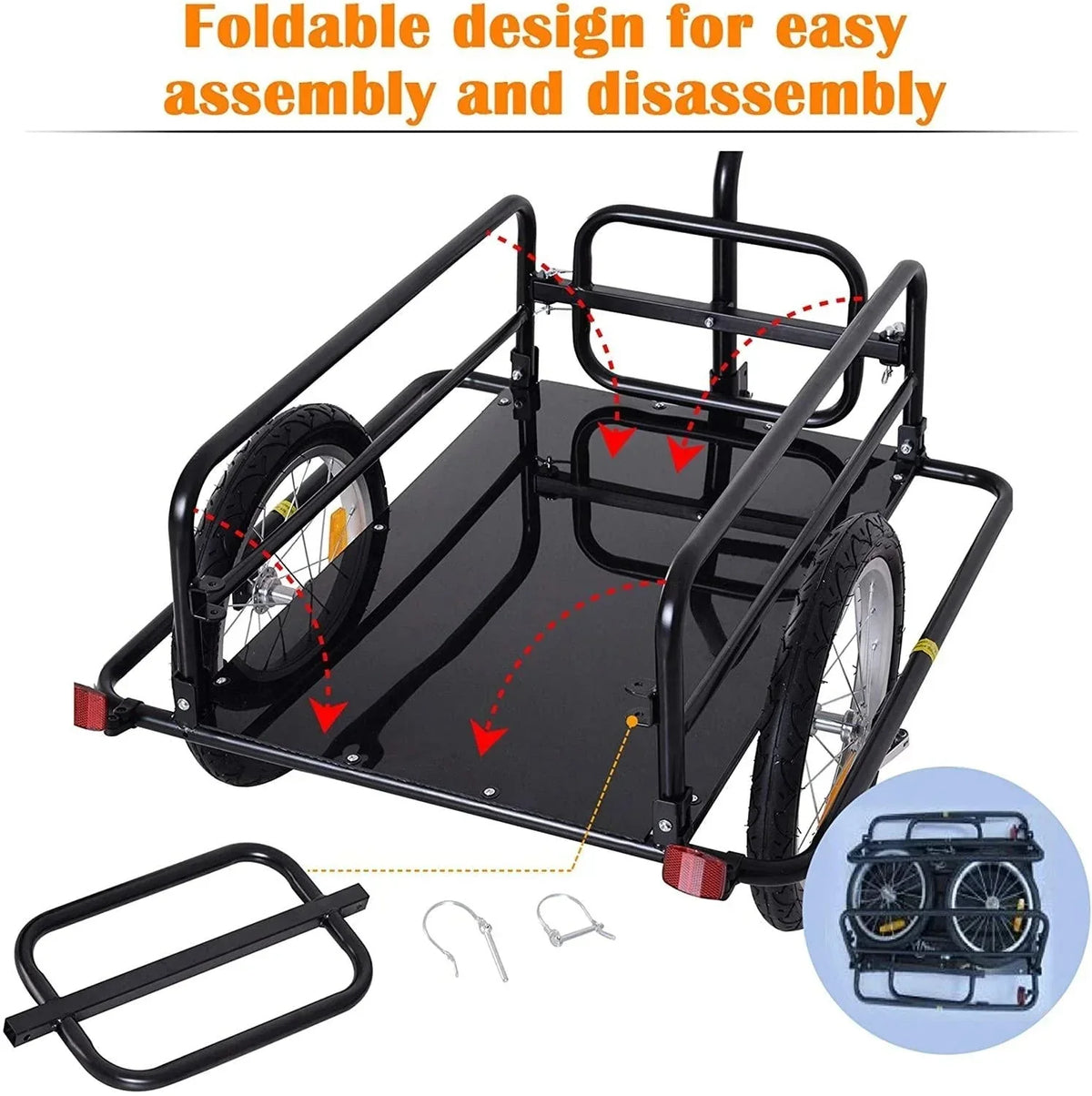 Foldable Bike Cargo Trailer, 80lbs Capacity, 16′′ Wheels, Black, with Hitch
