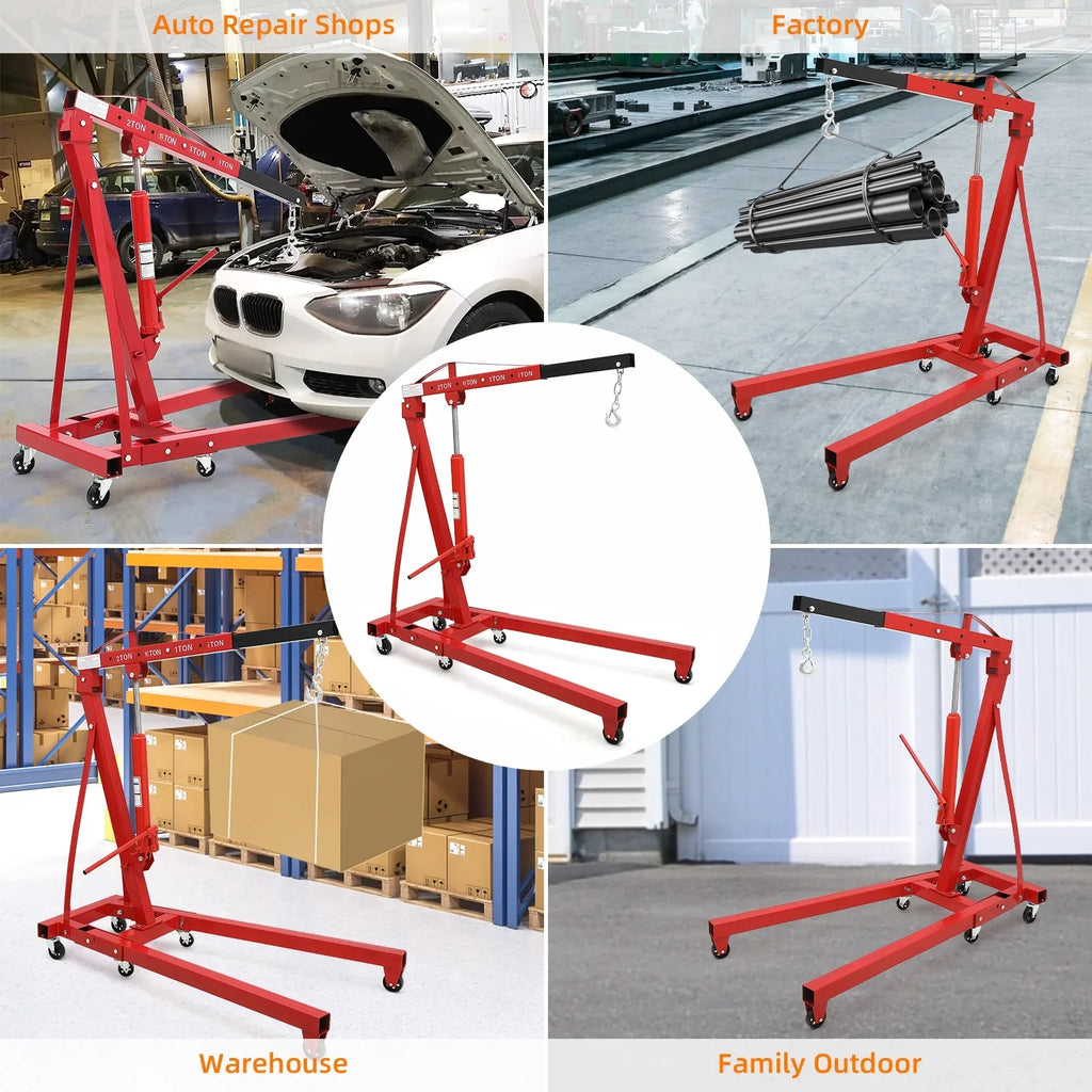 GARVEE 2 Ton Folding Hydraulic Engine Hoist with Lever, Folding Engine Shop Crane Hoist Lift, Heavy Cherry Picker
