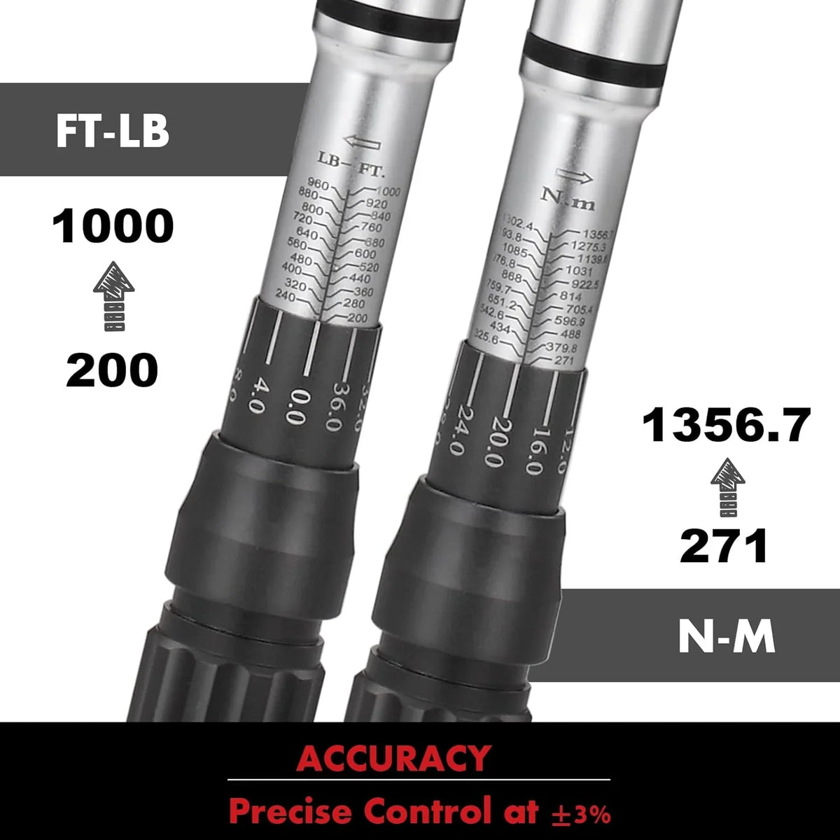 1-Inch Drive Click Torque Wrench, Dual-Scale Adjustable Torque Wrench Set with a Hex Key 200-1000ft.lb / 271-1356.7Nm