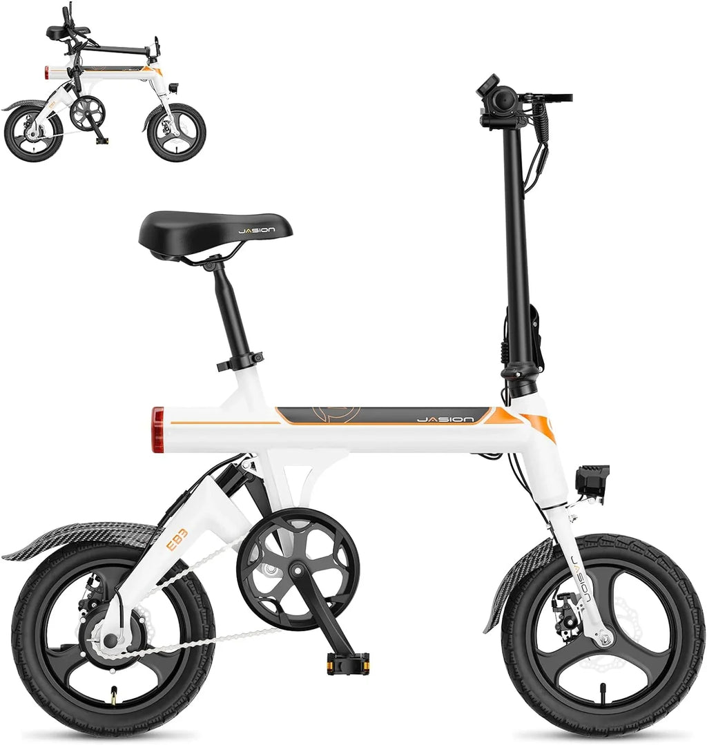 Jasion EB3 Electric Bike Adults 21mph, 500W Peak Motor, 270Wh Battery, Rear Suspension, 3 Levels Assist, 14′′ Folding Ebike for Adults and Teens, Complies to UL2849