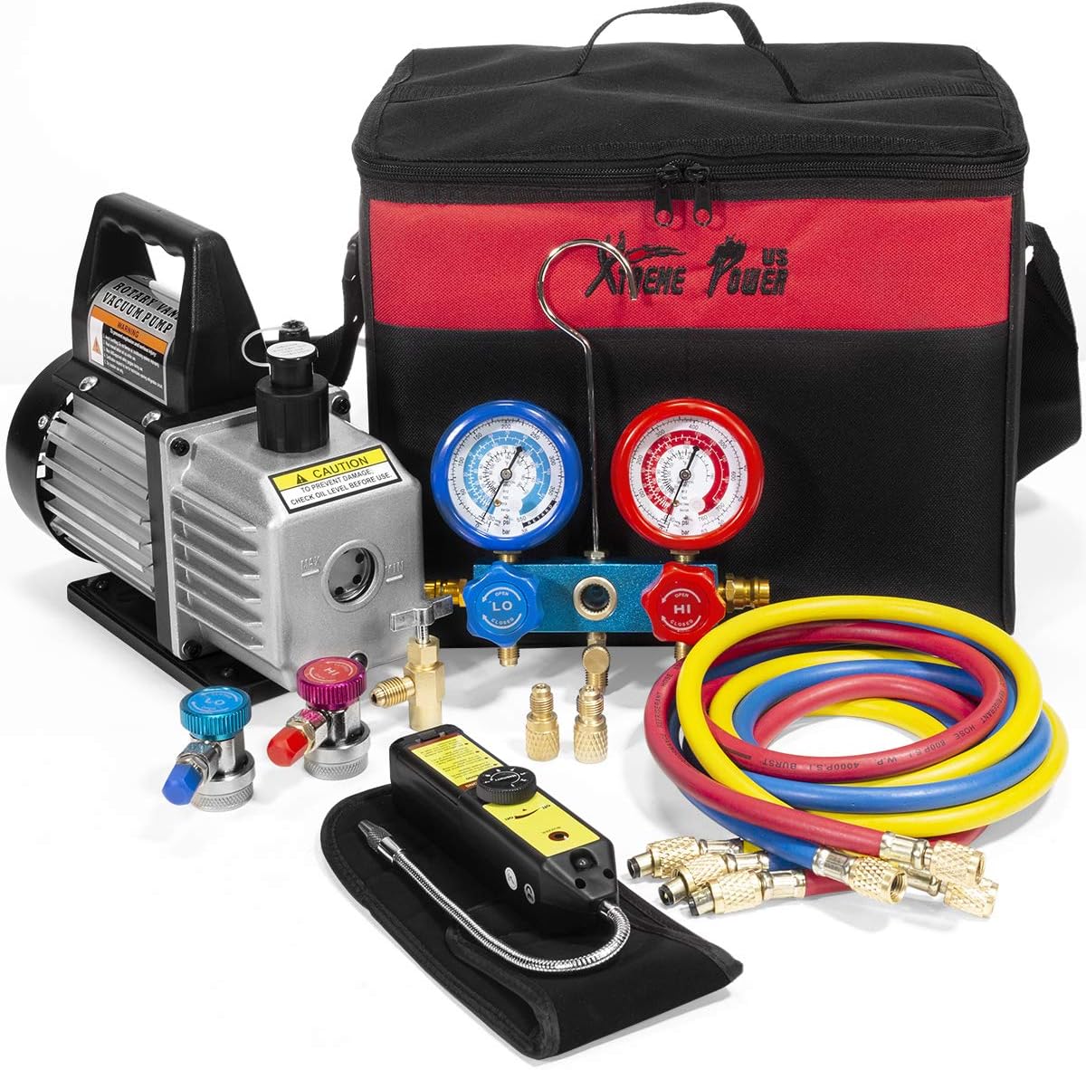 Premium 4CFM Air Vacuum Pump HVAC A/C Refrigeration Kit AC Manifold Gauge Case Set R134a Tap w/Leak Detector and Carrying Tote Bag