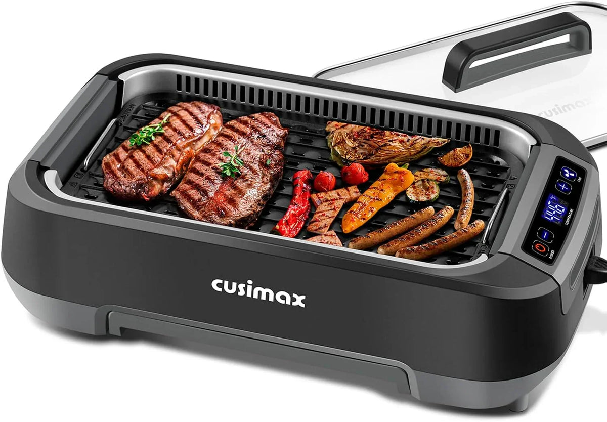 Smokeless Indoor Grill, CUSIMAX Electric Grill with Non-stick Removable Grill/Griddle Plate, 1500W Korean BBQ Grill with LED Smart Display & Tempered Glass Lid, Easy to Clean, Black