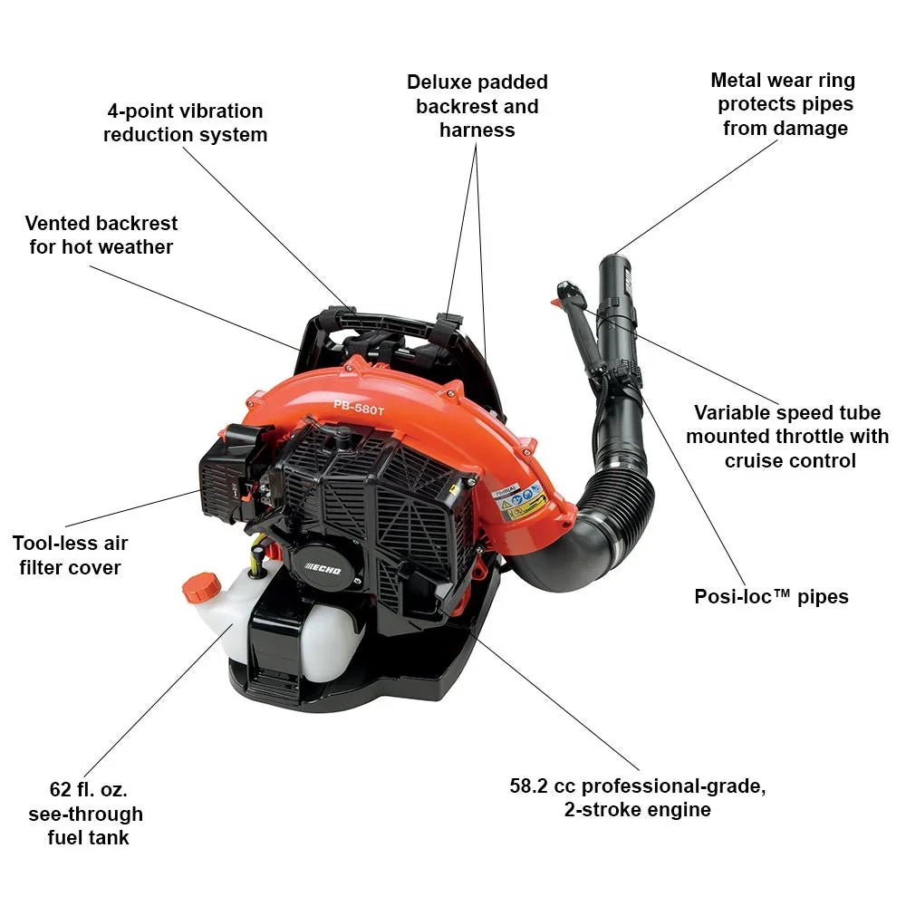 58.2cc Gas Backpack Leaf Blower, 216 MPH, 517 CFM, 2-Stroke Engine, Tube Throttle