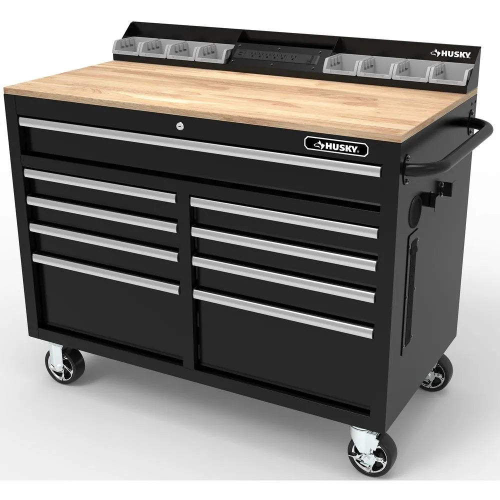 46-in W x 24.5-in D 9-Drawer Mobile Workbench with Hardwood Top and Power Station – Gloss Black