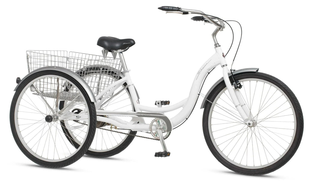2025 Schwinn Meridian Adult Tricycle Bike Mens and Womens Three Wheel Beach Cruiser 26-inch Wheels Low Step-Through Frame Wide Seat Rear Folding Basket Sin