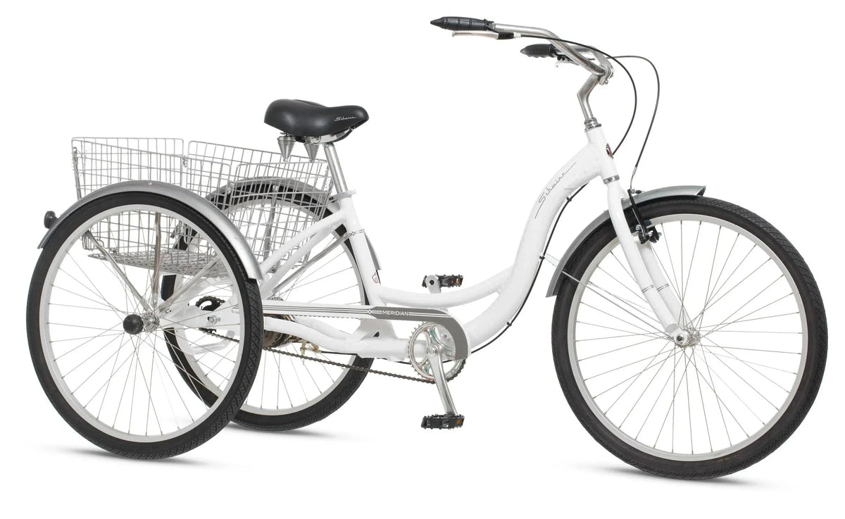 2025 Schwinn Meridian Adult Tricycle Bike Mens and Womens Three Wheel Beach Cruiser 26-inch Wheels Low Step-Through Frame Wide Seat Rear Folding Basket Sin