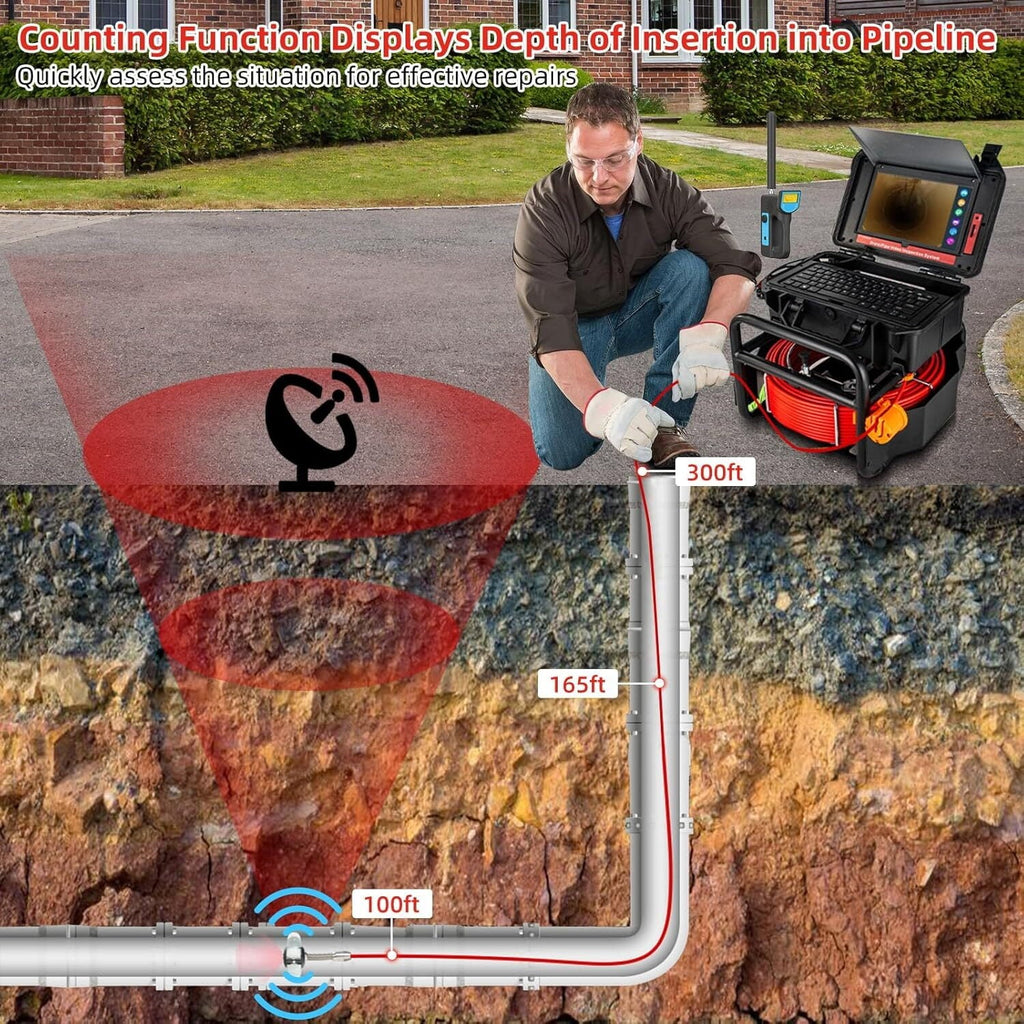Aoile Sewer Camera with Locator, 10.1" Drain Camera with 30m/100ft Cable, Pipe Camera W/12 Adjustable Leds & DVR, Waterproof IP68, Black