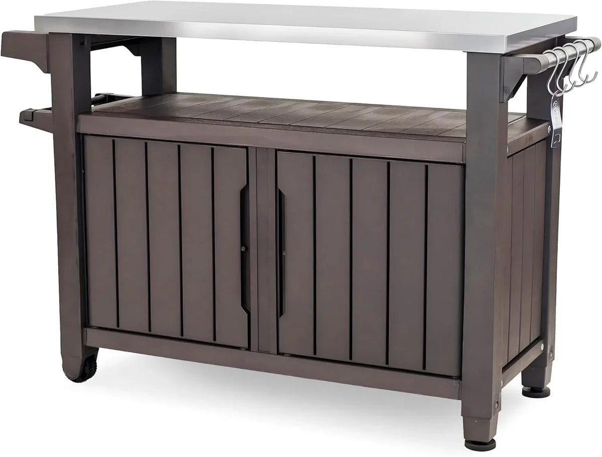 Keter Outdoor Rolling Table Cart for Food Prep, Storage, Bar & Grill, Dark Brown