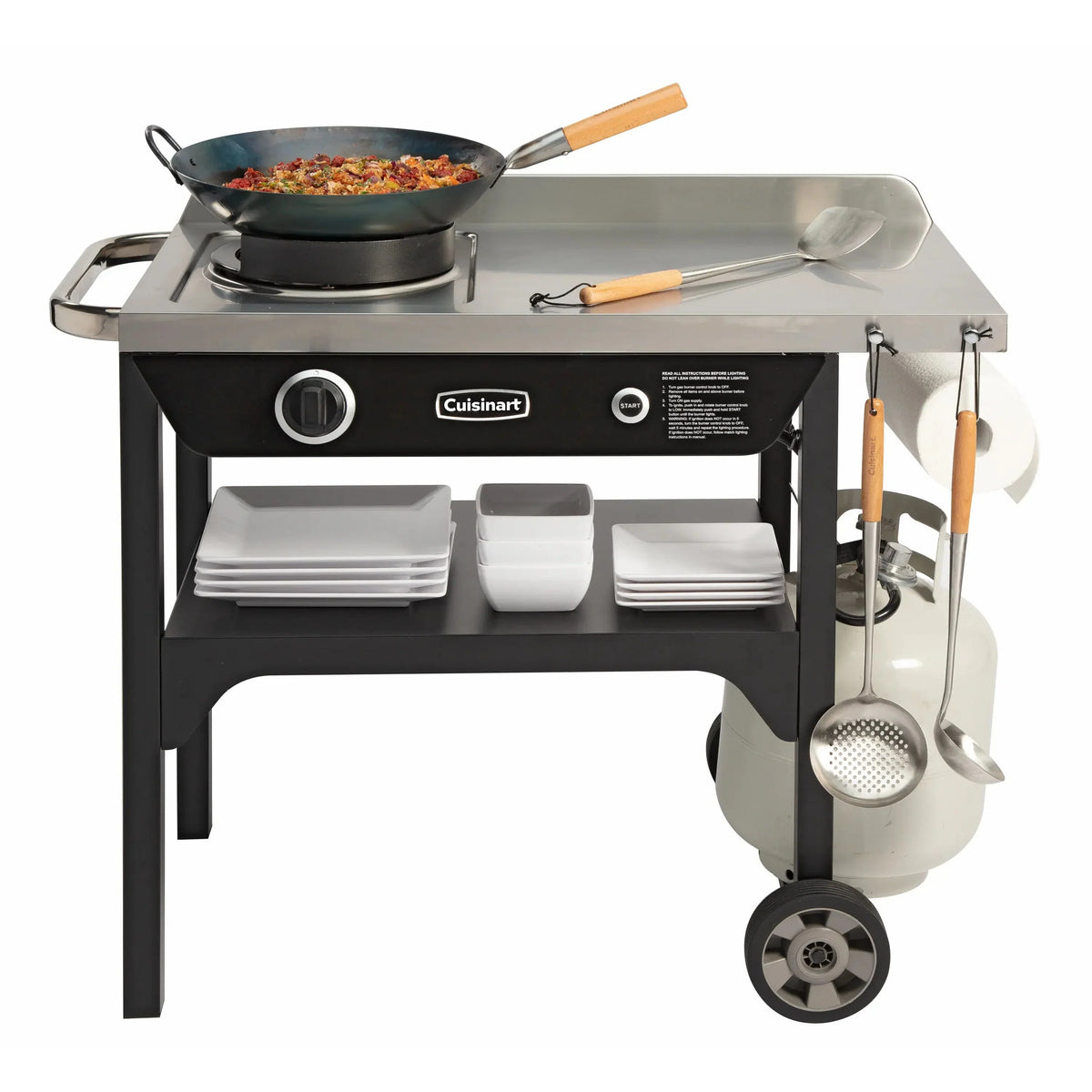 Cuisinart Outdoor Wok Station, 50,000 BTU Propane Outdoor Wok Burner w Prep Table, 14" Carbon Steel Wok for Stir Fry, Searing, BBQ  Black