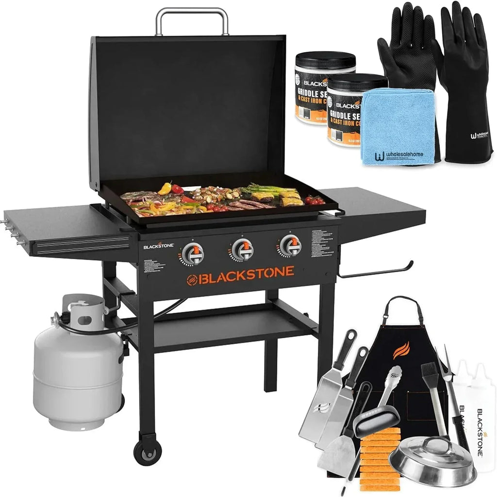28 Inch Blackstone Griddle 2080 with Hood XL Griddle Original 3-Burner Outdoor Flat Top Grill, with Blackstone Griddle Accessories, Seasoning, and Wholesalehome Gloves and Cloth