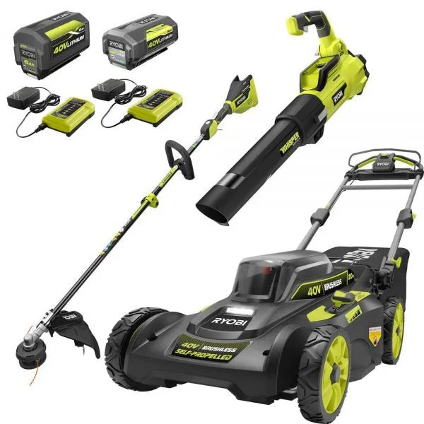 40V Brushless 20 in. Walk Behind Self Propelled Mower String Trimmer Leaf Blower with (2) Batteries and (2) Chargers