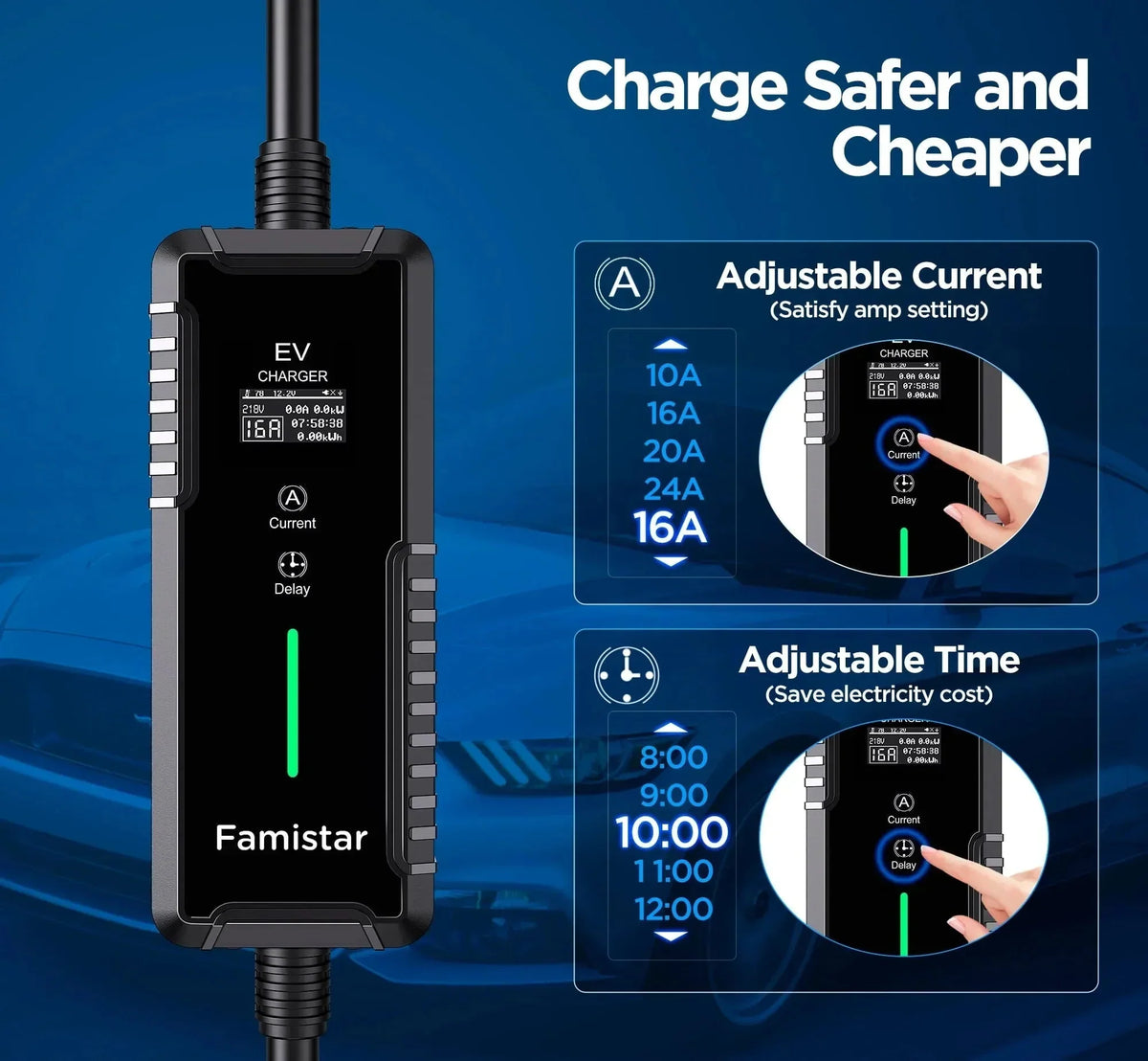 Level 2 & Level 1 EV Charger, 16Amp 110-240V Portable J1772 Electric Car Charger with Adjustable Amp Delayed Timer 25ft Long Cord