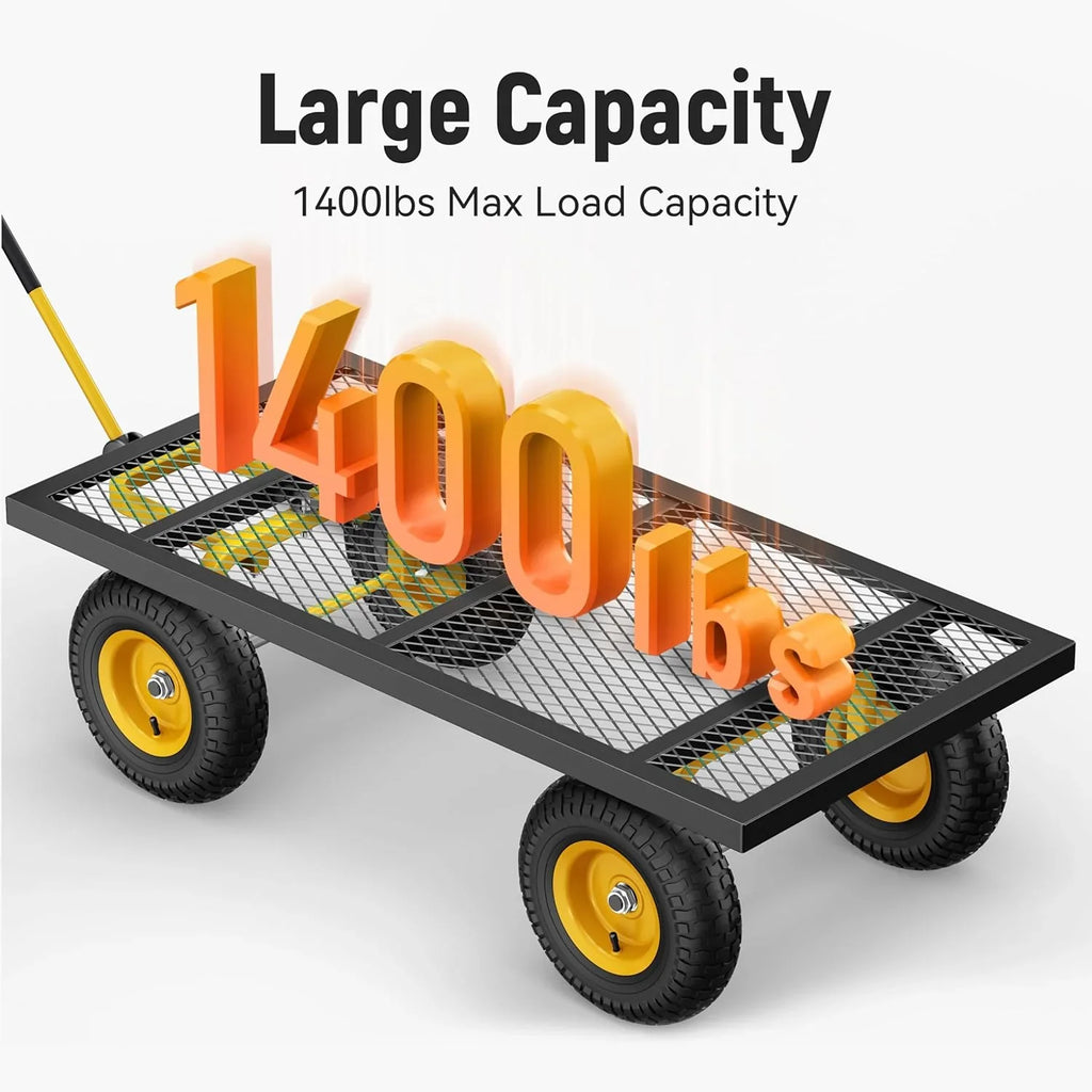 Steel Garden Cart, 2-in-1 1400 lbs Heavy Duty Utility Wagon, with Removable Mesh Sides to Convert into Flatbed, 240 U-Turn 13" Pneumatic Tires Garden Wagon for Farm Yard Lawn Garden Camping