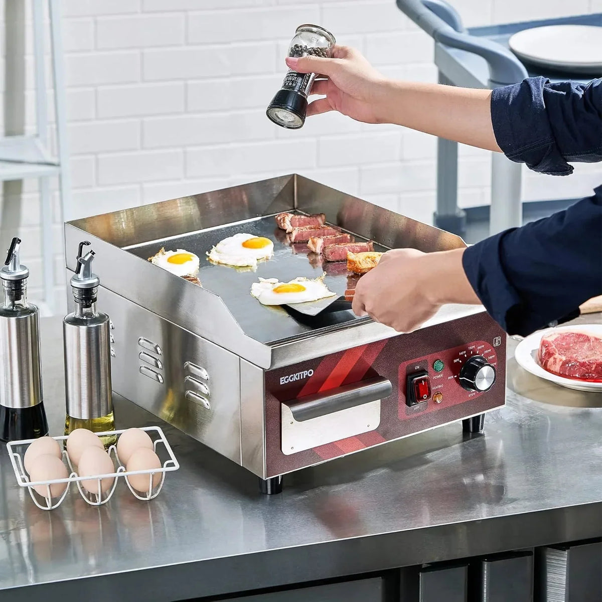 14 Inch Electric Griddle, Non-Stick Flat Top Grill Commercial Electric Countertop Griddles Stainless Steel Adjustable Temperature Control 90F-575F for Home or Restaurant Use