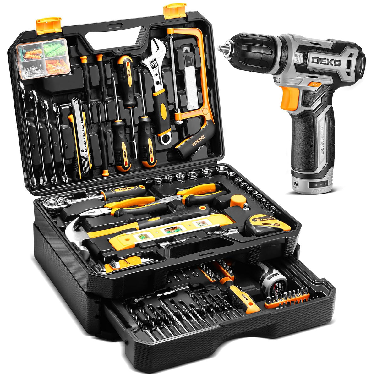 Tool Kit Box Drill Set: DEKOPRO Home Mechanic Toolbox with 12V Power Cordless Drill