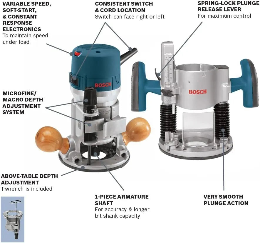 BOSCH 1617EVSPK Wood 12 Amp Router Tool Combo Kit - 2.25 Horsepower Plunge Router & Fixed Base with a Variable Speed